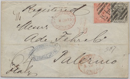 Gran Bretagna 12 Novembre 1872: Lettera da Manchester per Genova inoltrata per la via di Ostenda, affrancata per 5 d.