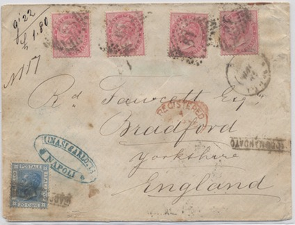 Gran Bretagna 14 Aprile 1874: Lettera raccomandata di peso superiore a 1/2 oncia da Londra a Roma. L affrancatura di 1 s./8 d. comprende la tariffa di una lettera di due porti (1 s.