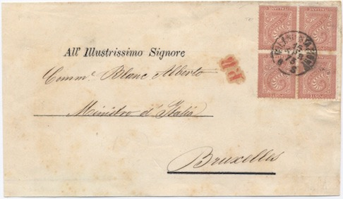 Belgio 18 Marzo 1871: Lettera raccomandata da Roma per Bruxelles. L affrancatura di 90 c. comprende la tariffa lettere di 40 c. e la tassa di raccomandazione di 50 c.