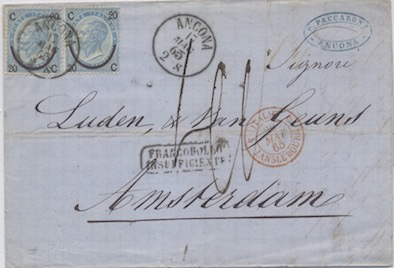 Olanda 7 Luglio 1866: Lettera da Napoli per Amsterdam inviata allo scoperto con la mediazione francese ed affrancata per 70 c.
