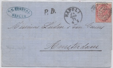 Olanda 9 Gennaio 1869: Lettera da Napoli per Amsterdam affrancata per 50 c. secondo la tariffa della convenzione del 1868.