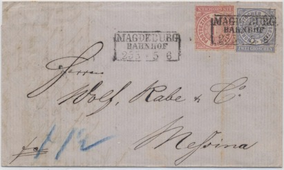 Germania 26 Febbraio 1867: Lettera da Venezia per Francoforte spedita con la mediazione austriaca. Invece dei dovuti 50 c., il mittente affrancò la lettera per soli 40 c.