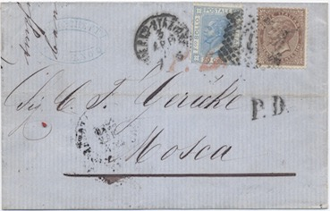 Russia 29 Luglio 1873 (Giuliano): Lettera da Berdiansk per Livorno affrancata per 20 kop. secondo la tariffa della mediazione austriaca, il cui credito di 28 kr. venne annotato in rosso.
