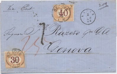 Impero Ottomano 19 Febbraio 1872: Lettera da Alessandria d Egitto (ufficio britannico) per Genova affrancata per 6 d.