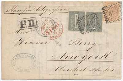 Stati Uniti 8 Maggio 1868: Lettera circolare a stampa da Messina per New York, NY affrancata per 12 c. secondo la tariffa delle stampe della convenzione del 1868.