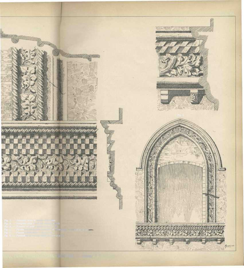 TAV. VII. Fig. 6. Fig. 4. Fig. 5. Fig. 1. Prospetto verso il cortile d'ingresso. Fig. 2. Prospetto della torre nel secondo cortile. Fig. 3. Finestra al primo piano Scala 1 : 20. Fig. 4. Particolare di finestra e cornice al primo piano Scala di cm 15 per metro.