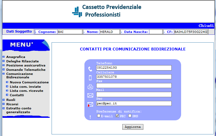 Comunicazione Bidirezionale La funzionalità «Contatti» consente di inserire e modificare i dati di contatto utilizzati per la Comunicazione Bidirezionale.