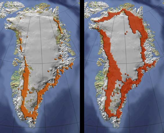 In Groenlandia sta aumentando la superficie che fonde durante l estate (in rosso) I ghiacci sul pianeta Terra: Antartide Polo Sud (89 %) Groenlandia Polo Nord (10 %) Ghiaccio