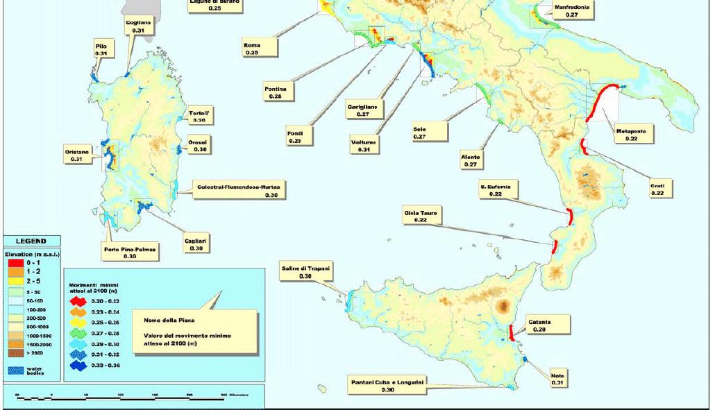 INNALZAMENTO LIVELLO MARI (SLR) Mappa delle aree costiere a rischio con indicazione dei livelli medi di crescita del livello del mare attesi per il 2100 (ENEA 2007) L UNFCCC