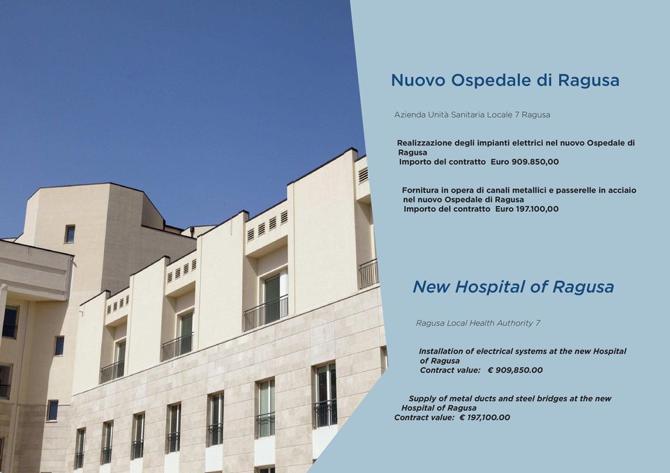 850,00 Fornitura in opera di canali metallici e passerelle in acciaio nel nuovo Ospedale di Ragusa Importo del contratto Euro 197.