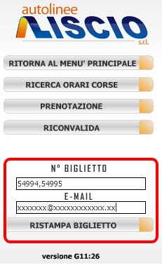 4.FUNZIONE RISTAMPA BIGLIETTO Per stampare nuovamente il titolo di viaggio sarà sufficiente inserire il numero del biglietto, indicare l indirizzo e-mail e cliccare sul tasto ristampa biglietto.