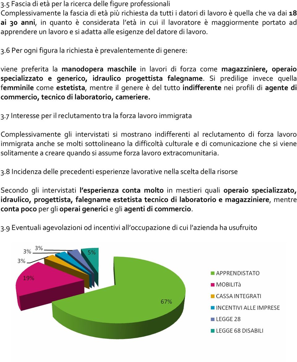 6 Per ogni figura la richiesta è prevalentemente di genere: viene preferita la manodopera maschile in lavori di forza come magazziniere, operaio specializzato e generico, idraulico progettista