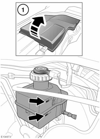 Controlli dei livelli dei liquidi Per controllare il livello del liquido freni è necessario rimuovere la copertura destra o sinistra sotto il cofano vano motore, a seconda che si tratti di un veicolo