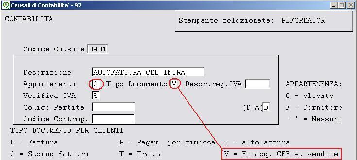 La tabella dei conti suggeriti che compare nella seconda videata delle causali, si imposta come segue: TIPO IMPORTO T = Tot. Docum.