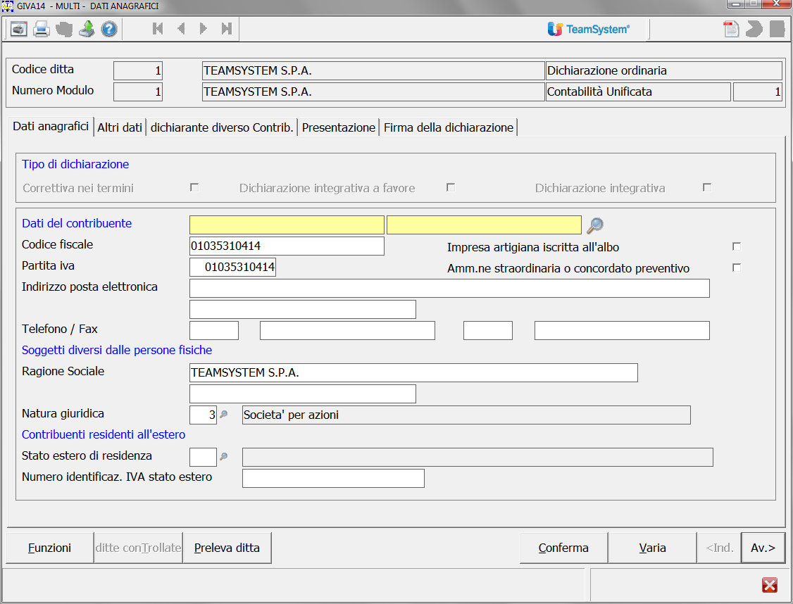 1 Dati anagrafici Tra le Funzioni di GIVA14 è presente la sezione 1 - Dati anagrafici che si compone di diversi folder: Dati anagrafici, Altri dati, Dichiarante diverso contrib.