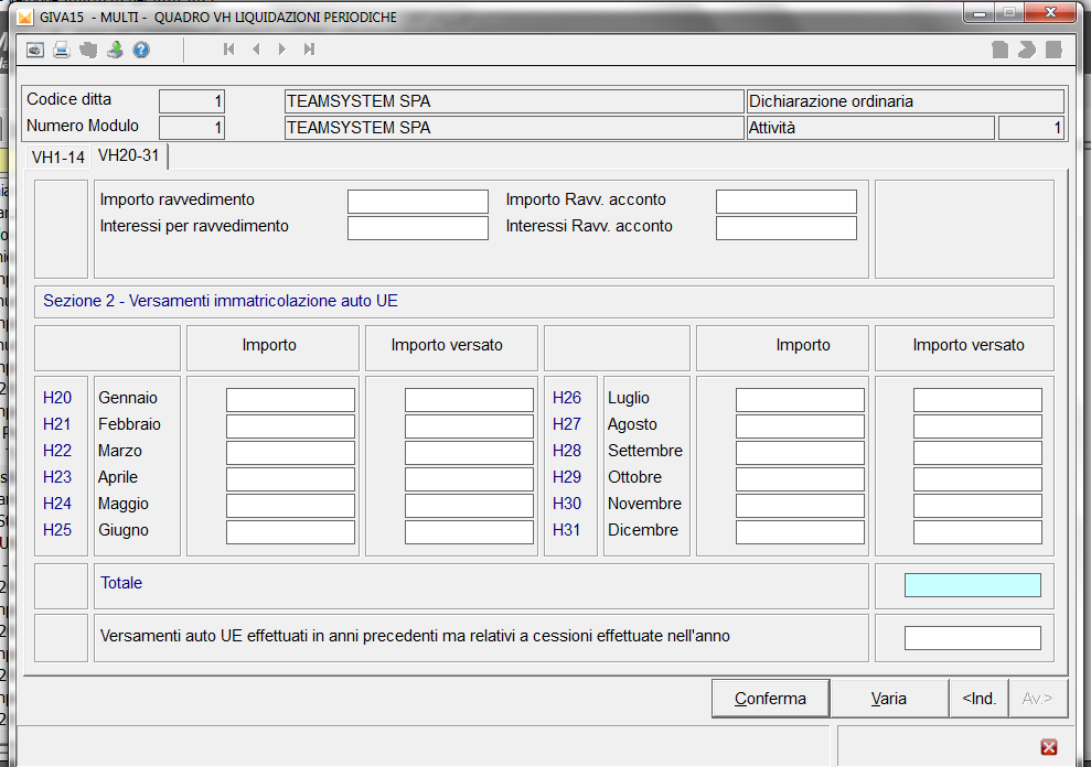 9 QUADRO VH Liquidazioni periodiche Il quadro VH si compone di due sezioni: Nella sezione I Liquidazioni periodiche riepilogative per tutte le attività esercitate la procedura trasferisce gli Importi