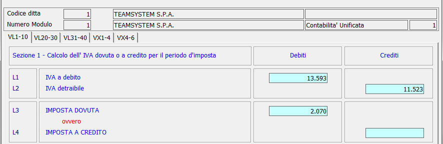 10.1 SEZIONE I Determinazione dell Iva dovuta o a credito per il periodo d imposta VL1 Iva a debito Importo non modificabile, calcolato in automatico come somma dei righi VE25 e VJ17.