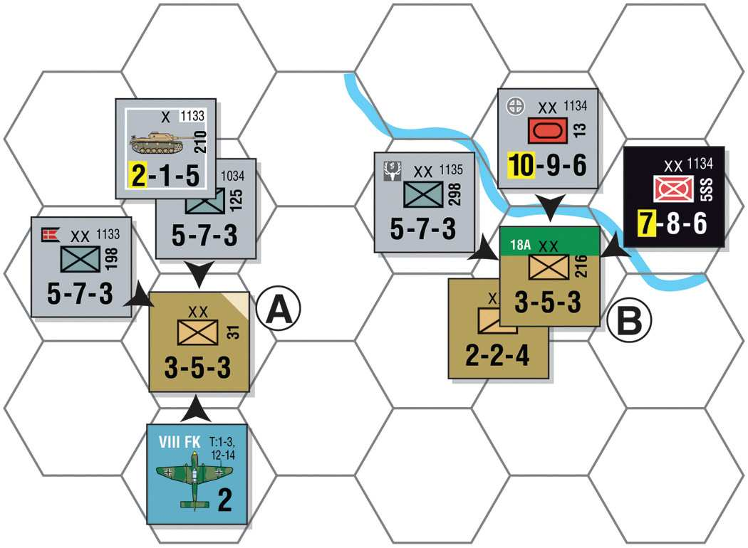 ESEMPI DI COMBATTIMENTO A: 3 unità tedesche più il segnalino di Supporto Aereo +2 attaccano un unità sovietica. Il rapporto è 12-5 ossia 2-1.