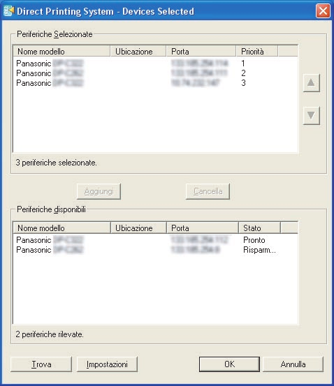 Selezione delle periferiche La finestra Periferiche Rilevate viene usata per selezionare le stampanti. Fare clic sul pulsante Seleziona.