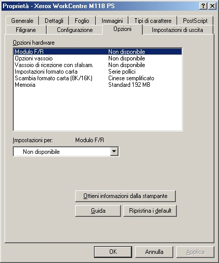 2 Con sistema operativo Windows 95/98/Me Impostazioni della scheda Opzioni Questa sezione descrive le impostazioni della scheda Opzioni.