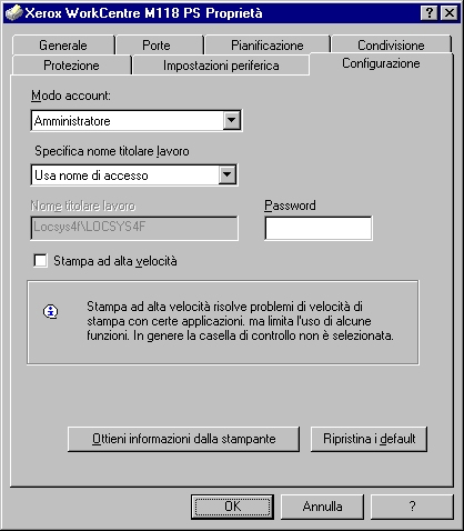 3 Con sistema operativo Windows NT 4.0 Impostazioni della scheda Configurazione Questa sezione descrive le impostazioni della scheda Configurazione.