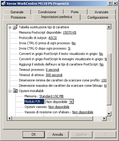 4 Funzionamento con sistema operativo Windows 2000, Windows XP e Windows Server 2003 Selezionare una voce da Opzioni installabili e modificarne l'impostazione nella casella di riepilogo a discesa