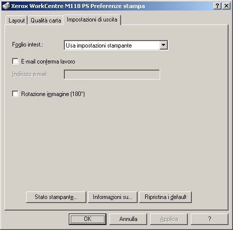 4 Funzionamento con sistema operativo Windows 2000, Windows XP e Windows Server 2003 Impostazioni della scheda Impostazioni di uscita Questa sezione descrive la scheda Impostazioni di uscita.