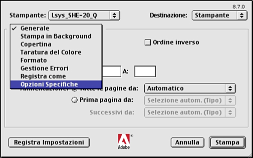 5 Con computer Macintosh Impostazioni Memoria Visualizza la quantità di memoria stampante presente. Modulo F/R Permette di specificare se è installata un'unità fronte/retro.