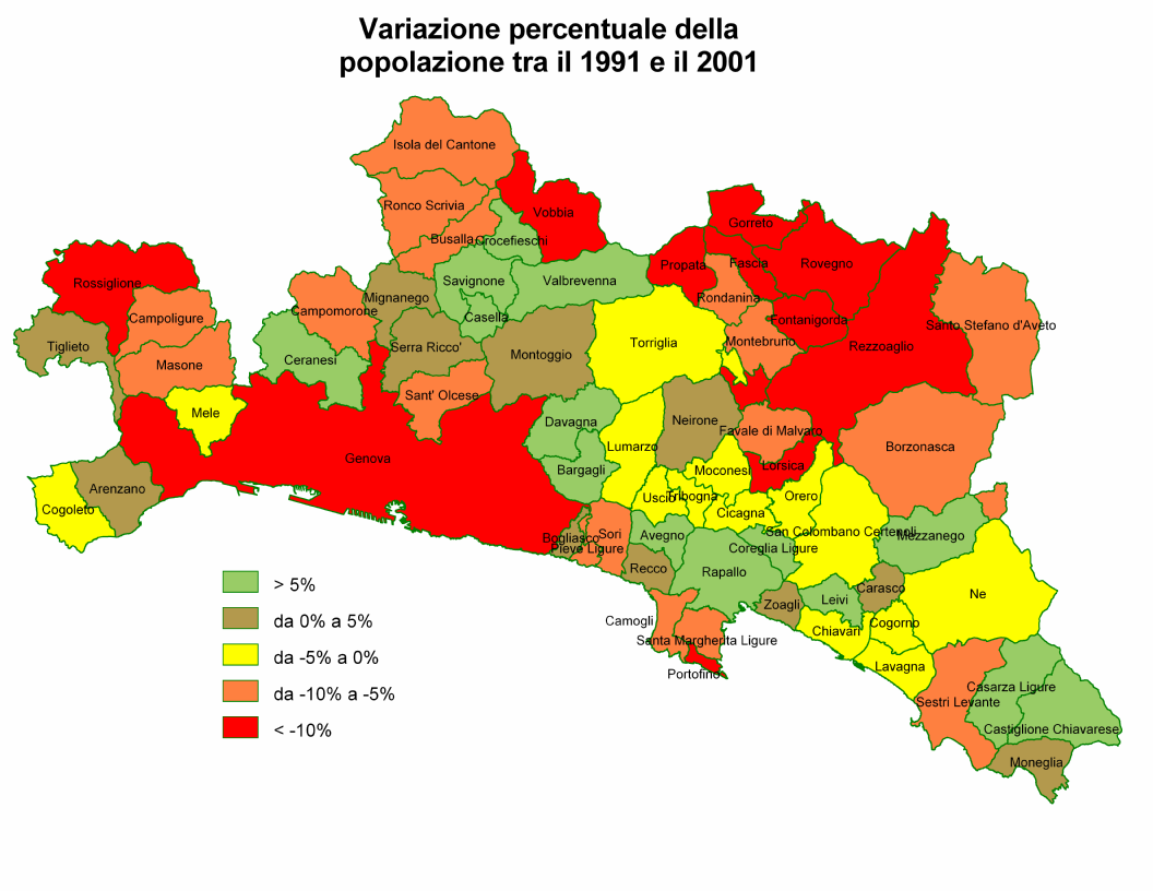 A livello provinciale la dinamica demografica è stata negativa: la riduzione maggiore è quella registrata in Liguria (- 7,7%) causata essenzialmente dalla contrazione subita dal Comune di Genova