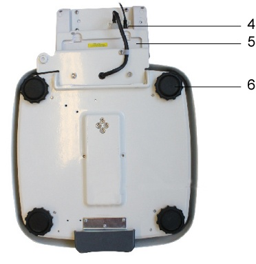 3 Rivista dello strumento 1 Display 2 Piatto di bilancia (superficie antisdrucciolevole) 3 Pedale Parte inferiore (basso) 4 Presa di rete 5 Vano accumulatore 6 Piedini in gomma (altezza regolabile) 3.