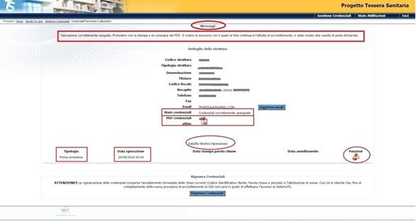 PAG. 11 DI 33 Cliccando sul pulsante Genera Credenziali si ottiene il seguente schermo. La prima parte dello schermo contiene i Messaggi di esito dell operazione.