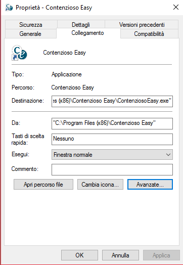 Eseguire il primo avvio di ContenziosoEasy Cliccare col tasto destro del mouse sull icona ContenziosoEasy presente sul desktop e scegliere proprietà. Quindi cliccare su Avanzate in basso a destra.