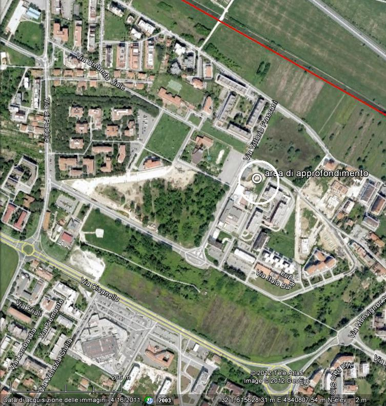 Inquadramento territoriale, descrizione e contestualizzazione dell area L area di approfondimento, evidenziata approssimativamente dal cerchio bianco, si trova in una zona periferica della città di