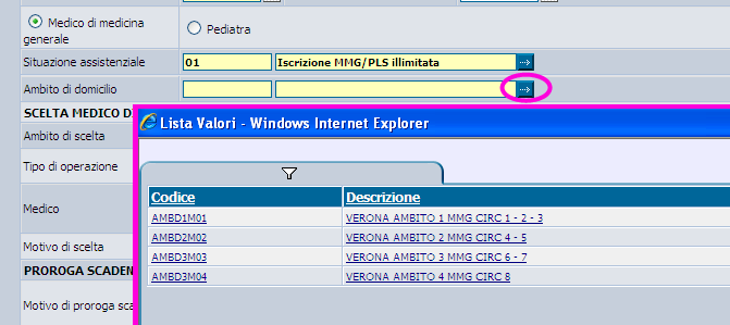 Nel campo Ambito di domicilio cliccando sulla freccetta blu a destra dello spazio da riempire si apre una finestra Lista valori fra i quali è selezionabile l ambito che interessa.