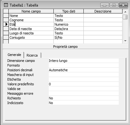 Finestra Database Creazione di una tabella Barra degli oggetti Ci sono tre modalità per definire una tabella: Barra dei gruppi Area elenco Iniziare inserendo direttamente i dati Iniziare definendo i