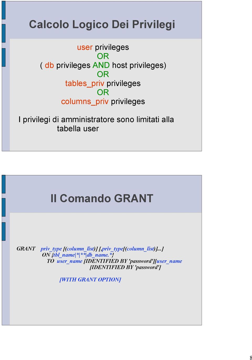 Il Comando GRANT GRANT priv_type [(column_list)] [,priv_type[(column_list)].
