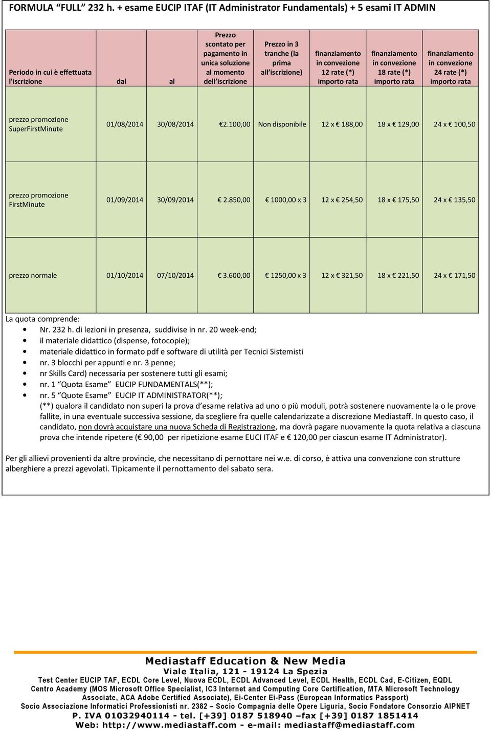 Prezzo in 3 tranche (la prima all iscrizione) 12 rate (*) 18 rate (*) 24 rate (*) SuperFirstMinute 01/08/2014 30/08/2014 2.