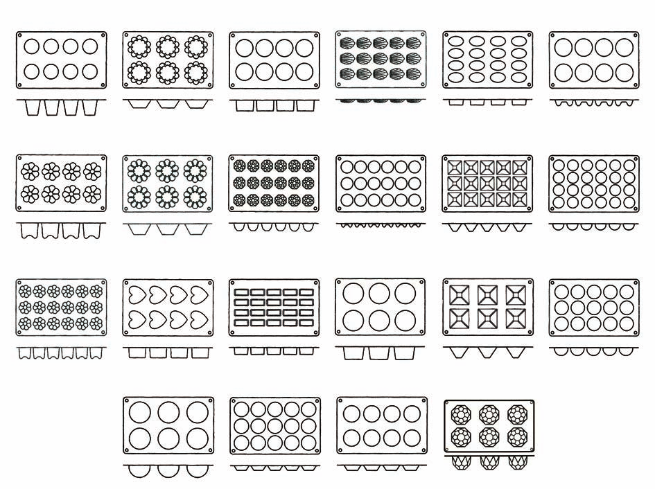 STAMPO DA COTTURA FLESSIBILE E ANTIADERENTE IN SILICONE 89FN09 788 - STAMPO BABA GRANDE Ø MM 7877 - STAMPO BAVARESE Ø 0 MM 789 - STAMPO MINI CANNELLEE Ø MM 787 - STAMPO BRIOCHETTE CANELLATA Ø 79 MM