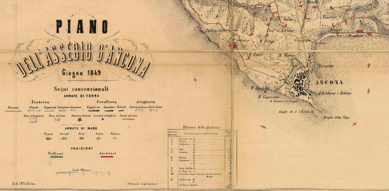 PIANO DELL ASSEDIO D ANCONA Giugno 1849 Milano, Litografia degli Ingegneri s.d. [Sec. XIX, seconda metà] Inchiostri colori su carta telata Scala metrica: m. 2000 = mm.