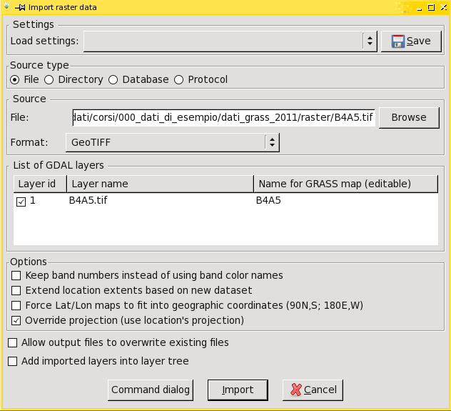 Importazione dati raster - TIFF Interfaccia di supporto per l'importazione dei dati tipo di dato posizione sul file