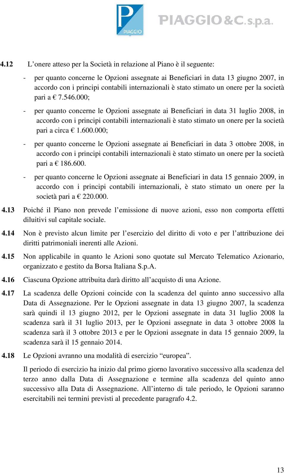 000; - per quanto concerne le Opzioni assegnate ai Beneficiari in data 31 luglio 2008, in accordo con i principi contabili internazionali è stato stimato un onere per la società pari a circa 1.600.