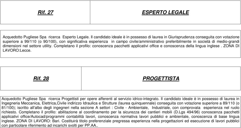 società di medio-grandi dimensioni nel settore utility. Completano il profilo: conoscenza pacchetti applicativi office e conoscenza della lingua inglese. ZONA DI LAVORO:Lecce. Rif.