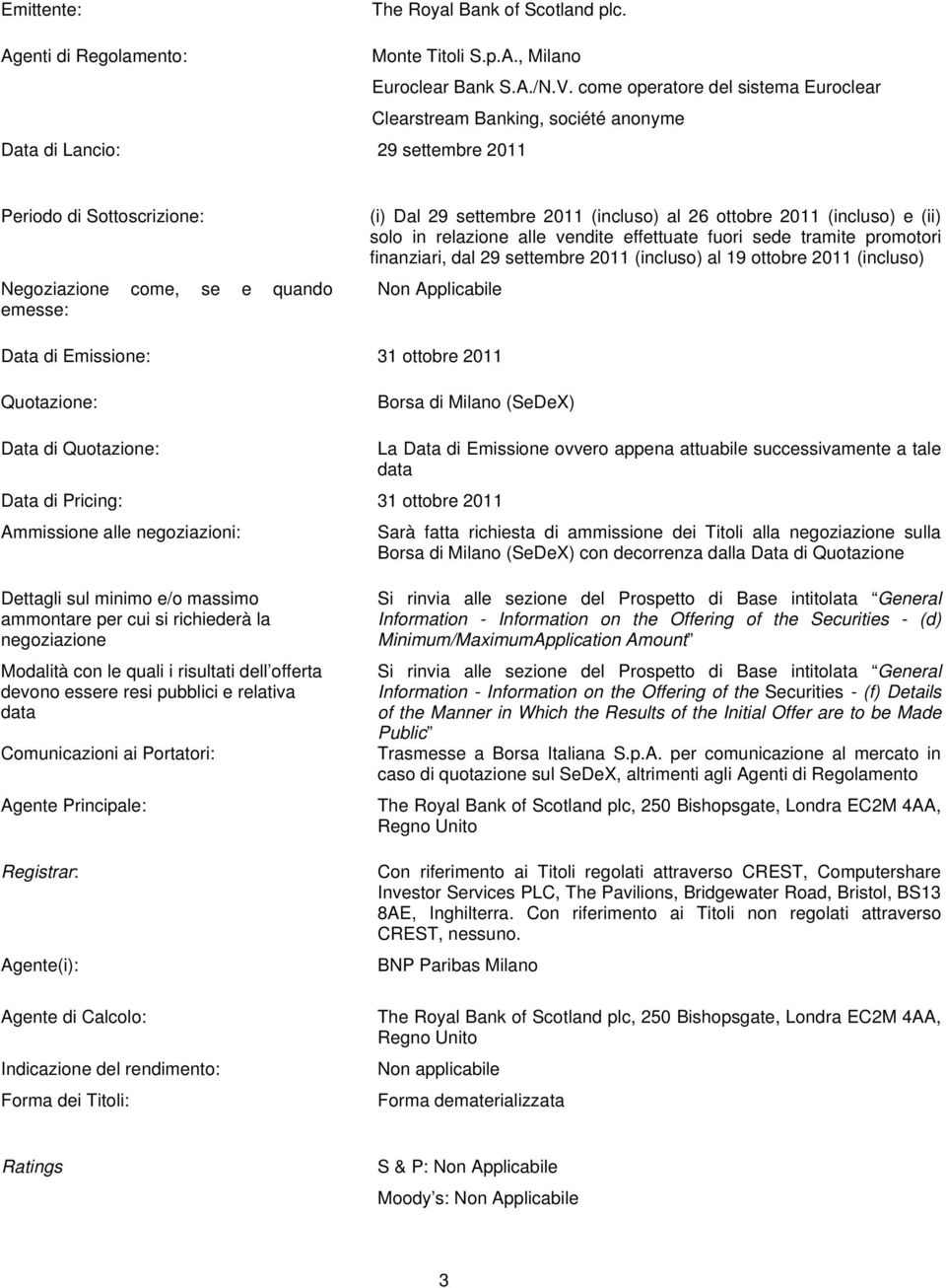 (incluso) al 26 ottobre 2011 (incluso) e (ii) solo in relazione alle vendite effettuate fuori sede tramite promotori finanziari, dal 29 settembre 2011 (incluso) al 19 ottobre 2011 (incluso) Data di