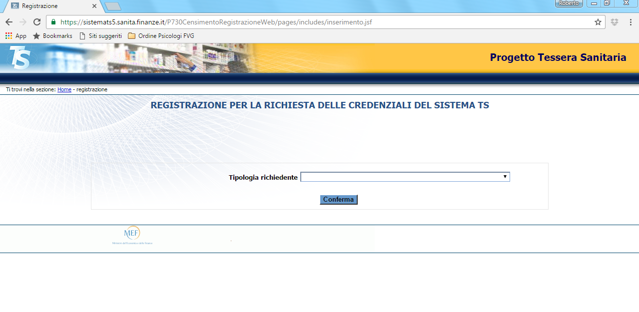 Dopo aver cliccato su Registrazione per le credenziali, ecco cosa vedrai: Ora dovrai cliccare sulla