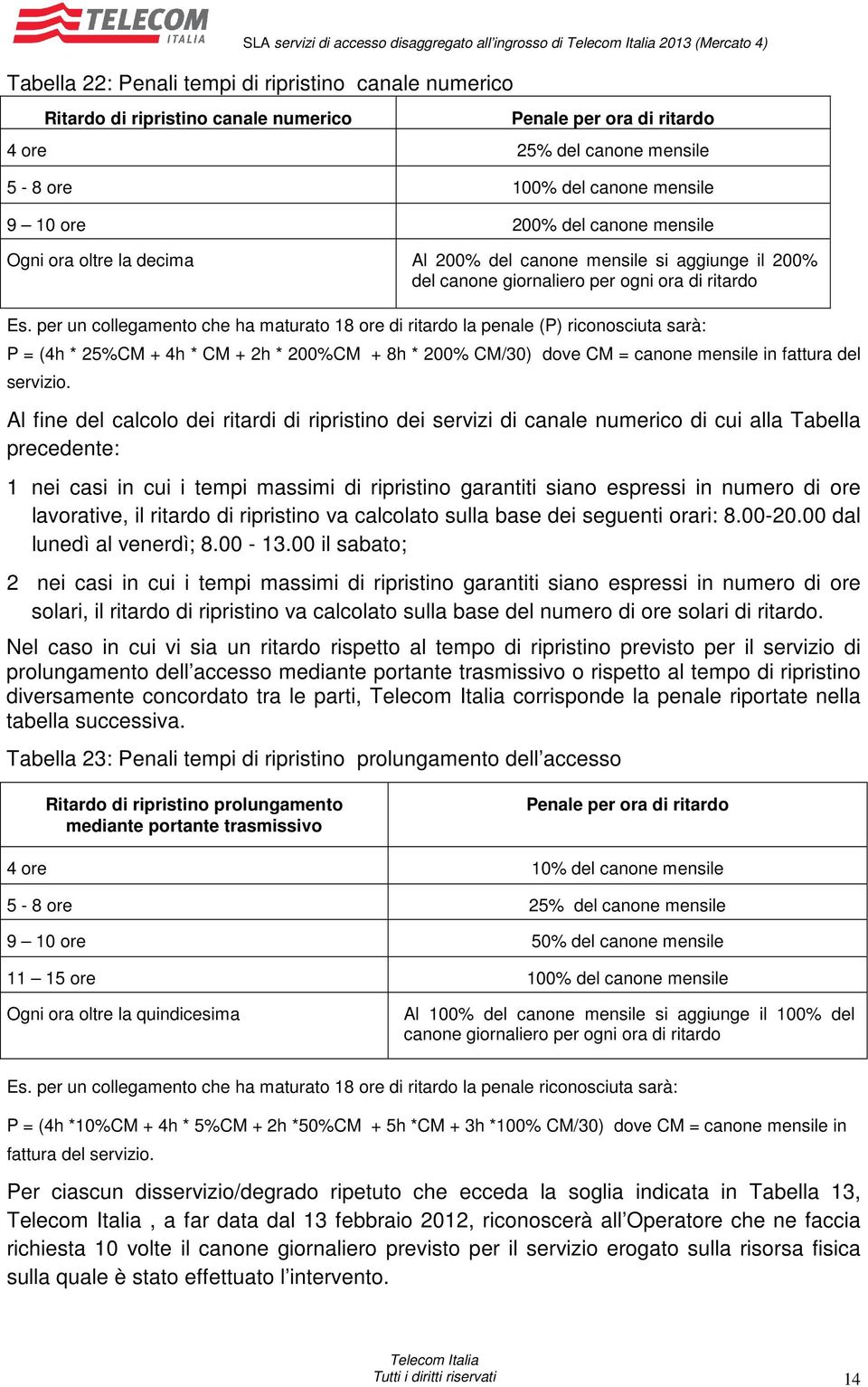 Es. per un collegamento che ha maturato 18 ore di ritardo la penale (P) riconosciuta sarà: P = (4h * 25%CM + 4h * CM + 2h * 200%CM + 8h * 200% CM/30) dove CM = canone mensile in fattura del servizio.