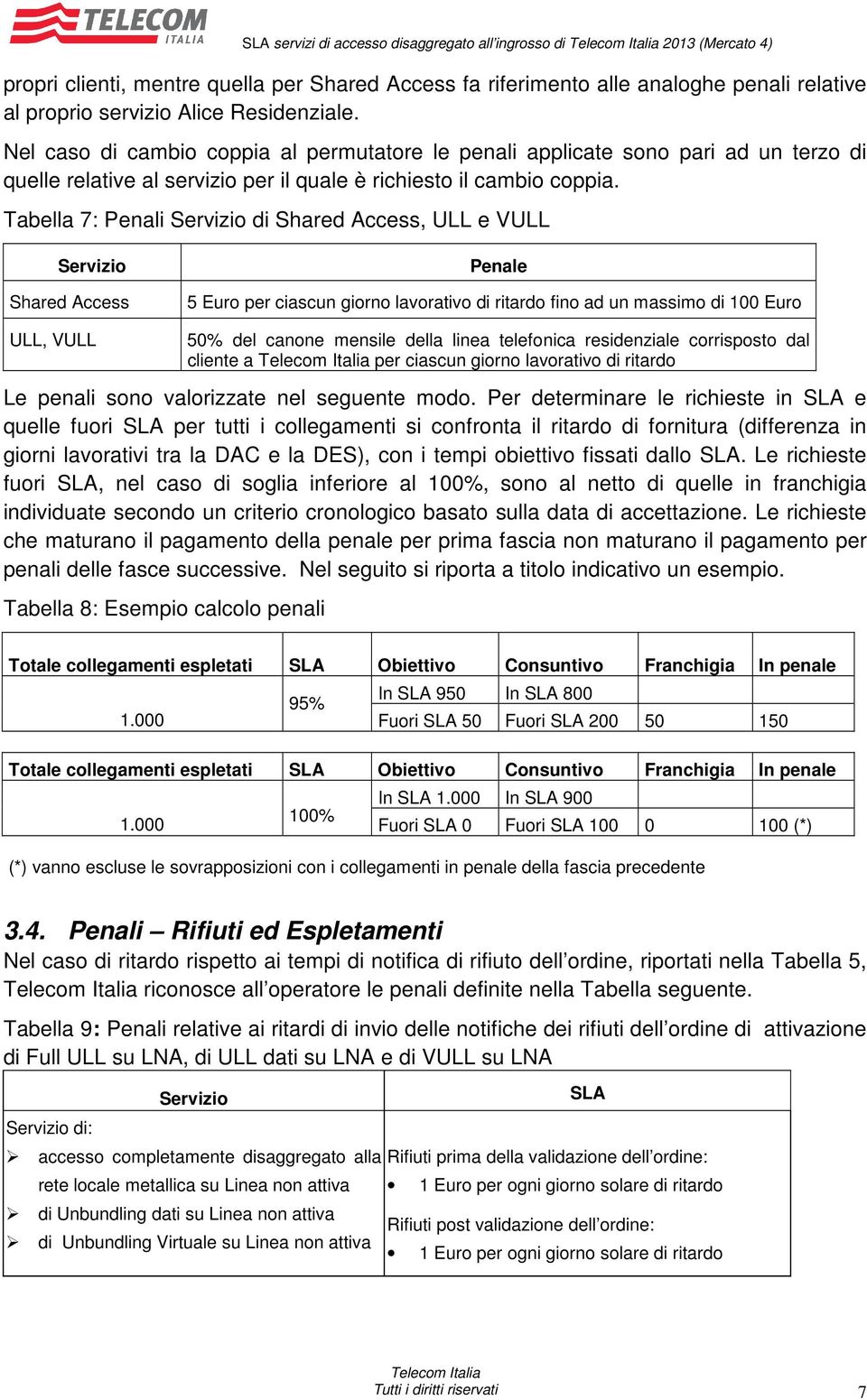 Tabella 7: Penali di Shared Access, ULL e VULL Shared Access ULL, VULL Penale 5 Euro per ciascun giorno lavorativo di ritardo fino ad un massimo di 100 Euro 50% del canone mensile della linea