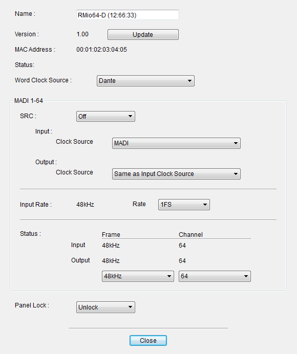 È stato aggiunto il supporto di RMio64-D (NUAGE Workgroup Manager) Ora l'interfaccia di conversione audio MADI/Dante di RMio64-D può essere controllata in remoto da NUAGE Workgroup Manager.