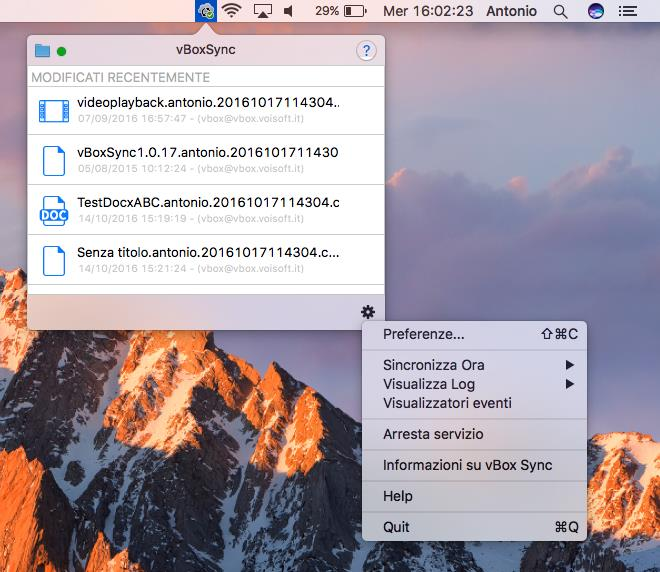 6. Applicazione desktop vbox Sync per Mac vbox Sync è un applicazione Voisoft che permette di mantenere sincronizzati file e cartelle tra vbox ed il computer - munito di sistema operativo MAC OSX 2 -