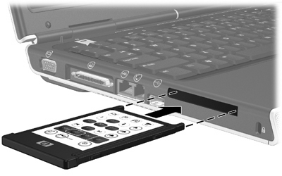 Posizionamento del telecomando nello slot per PC Card Il telecomando HP Mobile Remote Control (versione PC Card) può essere riposto per comodità e sicurezza nello slot per PC Card del computer.