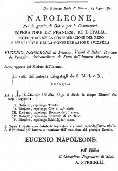 ABOLIZIONE DELLE CARTE DI REGOLA - 1810 REGNO D ITALIA NAPOLEONICO - DISTRETTO DI TRENTO CANTONE DI BORGO VALSUGANA con i Comuni di: Borgo con le frazioni (ex comunità) di Telve di Sotto, Telve di